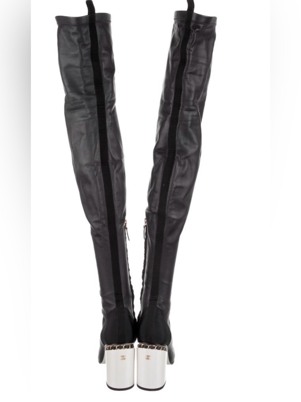 Chanel black leather Over-The-Knee Women's Boot with chain Accent Heel cc logo - Picture 3 of 16